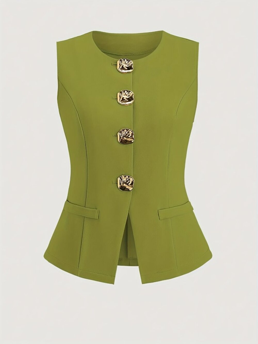 Olive Green French Style Sleeveless Blazer Vest – Gold Button Elegant Top